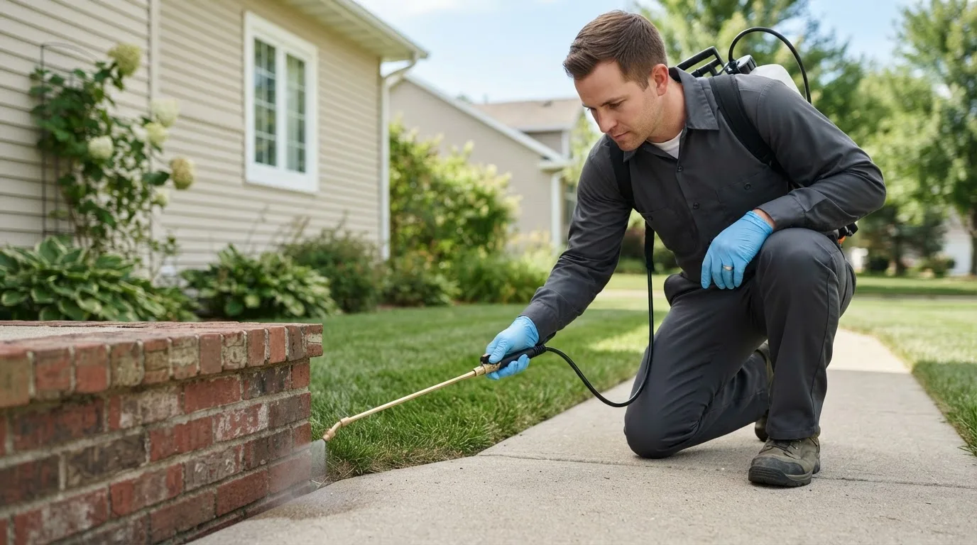 Pest control technician treating a home near Virden, IL